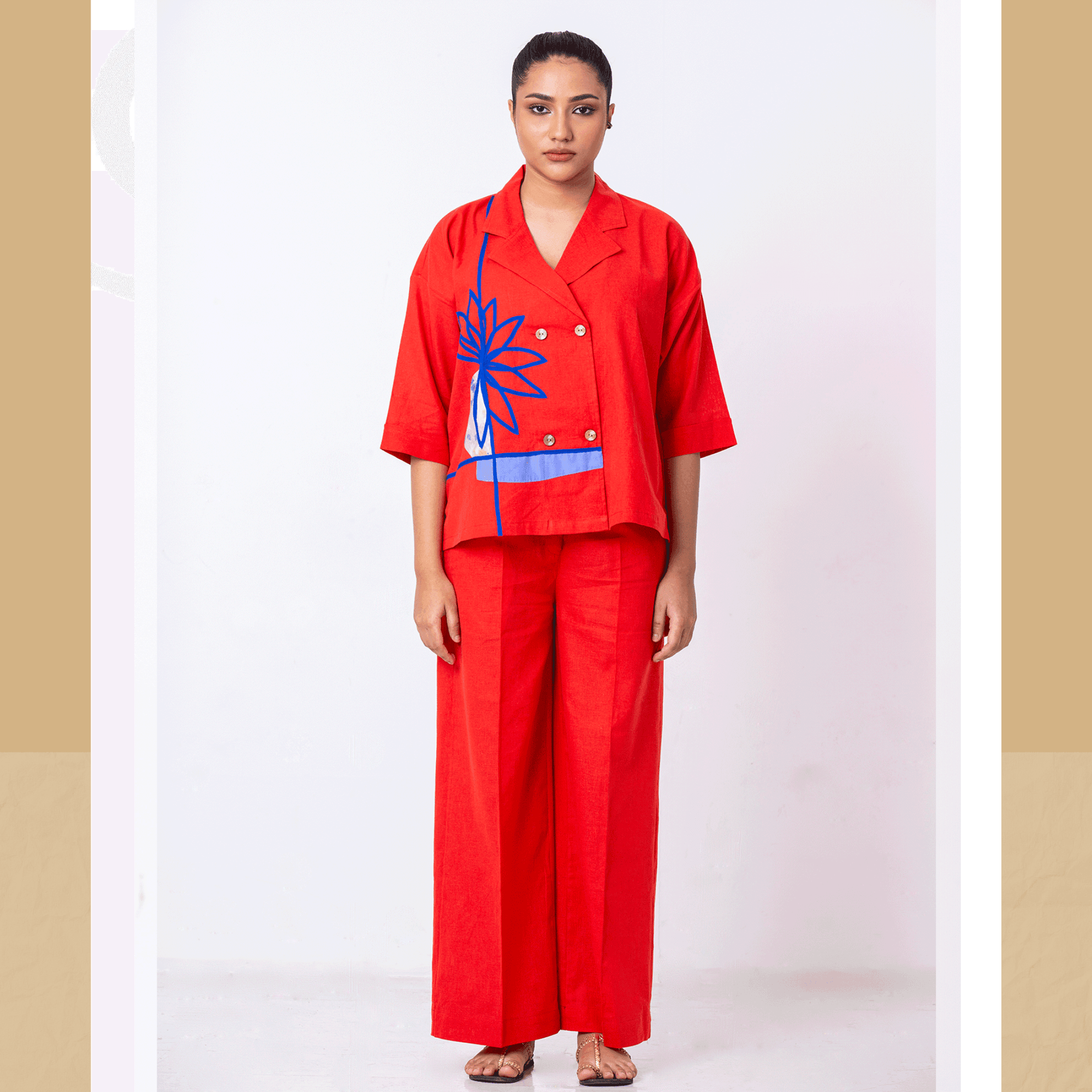 Vibrant Red-Orange Loose-Fit Co-Ord Set - Arka Studio