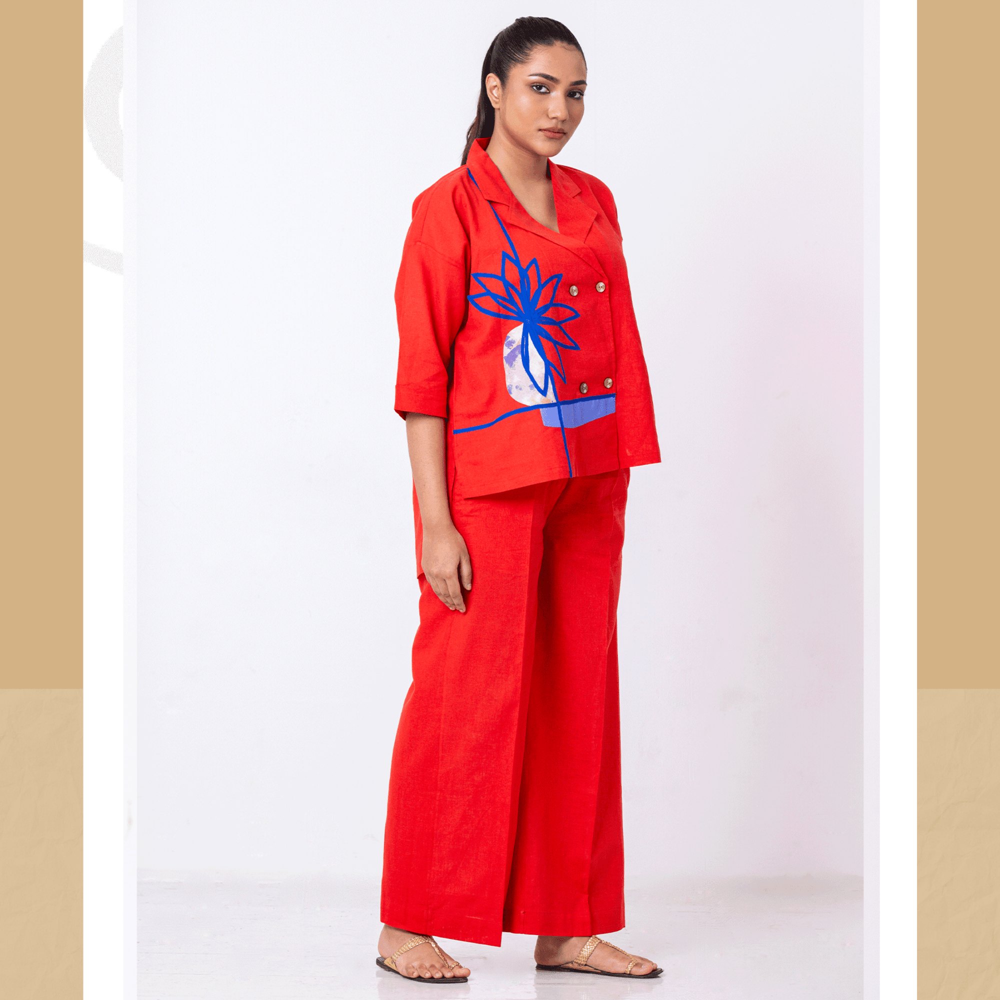 Vibrant Red-Orange Loose-Fit Co-Ord Set - Arka Studio